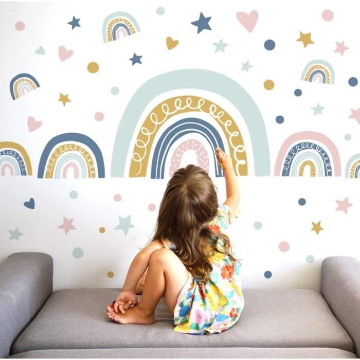 Stickers muraux enfants ARC EN CIEL pastel rose/bleu Autocollants  décoratifs sticker mural coeurs étoiles pour Chambre d'enfant bébé -  Cdiscount Maison