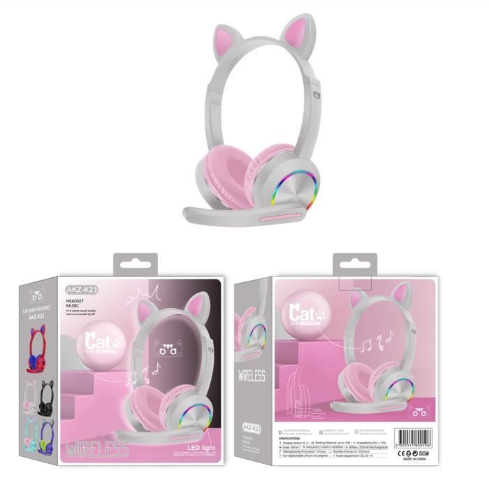 Casque Bluetooth Oreilles De Chat - LED Stéréo - Enfant - Blanc Rose - Neuf Avec Emballage