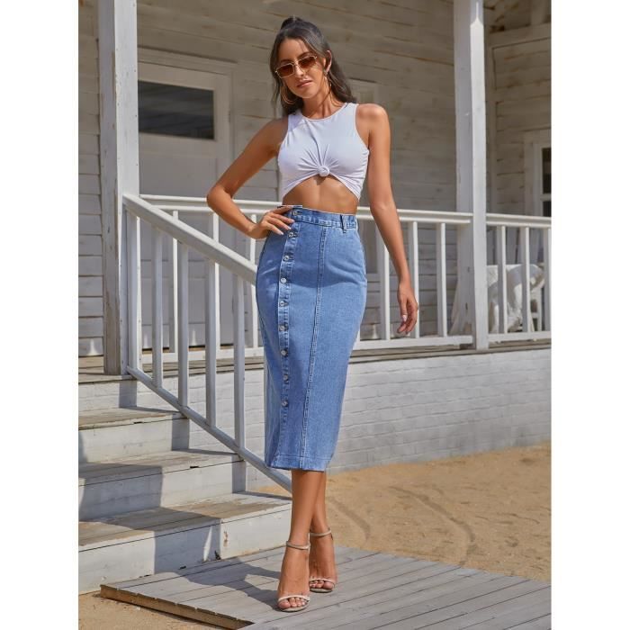 Jupe en jean Jupe en Fente FendueJupe en jeanpour Femme irregularites des boutons Jupe mi Longue Mince Jupe bleu Cdiscount Pret a Porter