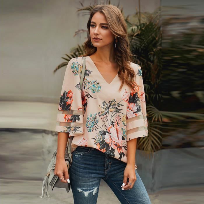 Blouse Femme Haut l gant Tunique Chic Top Fluide Chemise Mode