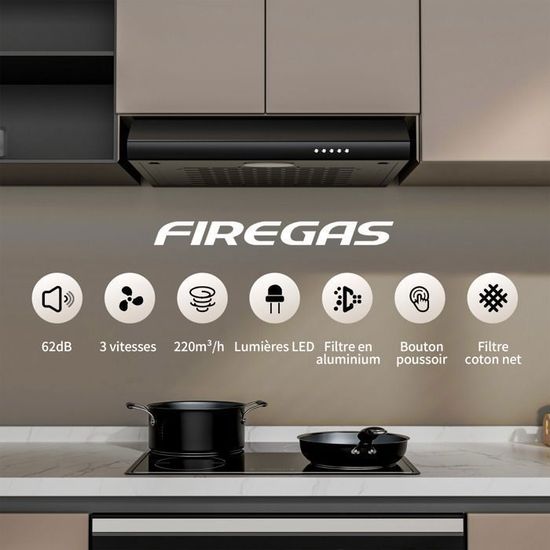 FIREGAS Hotte Aspirante 60 Cm Noir - Classe A+ - 400 M³/h - Moteur Sans Balais Silencieux - 3 Vitesses + Filtres Charbon Inclus