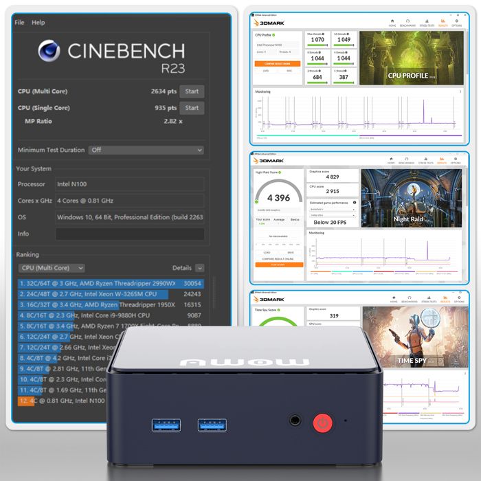 Mini PC AWOW AK10 Pro Intel N100 (jusqu'à 3,4 GHz), 16 Go de RAM