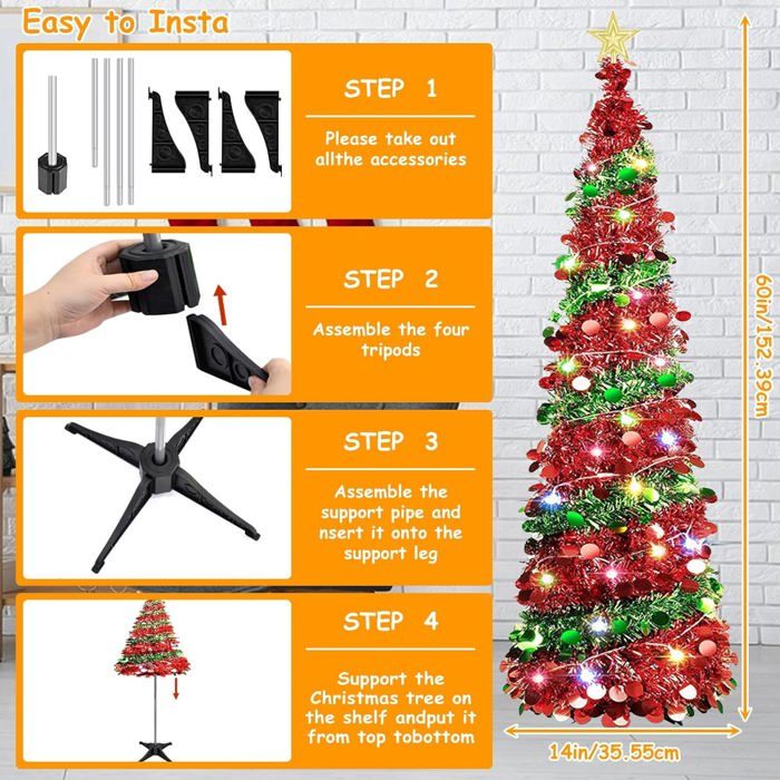 Sapin De Noël Artificiel 150 Cm Pailleté Et Lumineux - Pop-up (dépliable), Avec Guirlandes LED à Piles, Décoration Intérieur/extérieur - 10