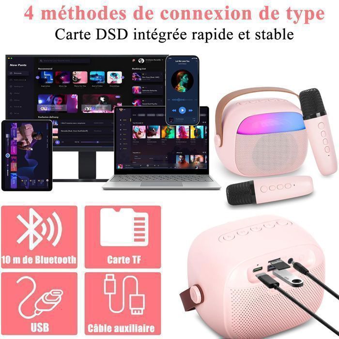Meltrck Machine Karaoké Portable Avec 2 Micros Sans Fil - Haut-Parleur Bluetooth Lumineux Pour Enfants Et Adultes