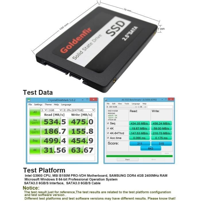 Disque Dur Interne PC 1000GO Goldenfir SSD 2.5 SATA3 1 TO Stockage