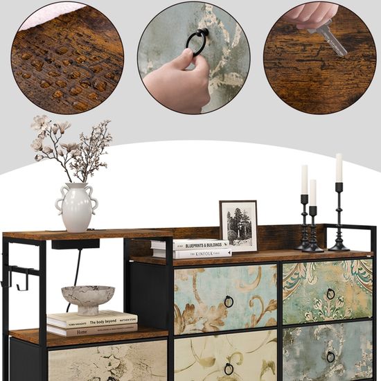 Commode 8 Tiroirs Avec Station De Charge USB - 132x30x88 Cm, Bois E1 Et Métal, Rangement Salon/chambre (chêne Clair + Blanc)