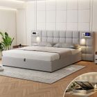 AMAKUS Lit 180x200 avec Sommier et USB, Lit Coffre 2 Personnes King Size , Lampe de Lecture, Tête de Lit Longue, Grand Dossier, Lin, Gris