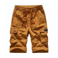 Homme Bermuda Cargo Multi-poches Coupe Droite Taille Elastique Short Ete Coton Couleur Unie - Marron