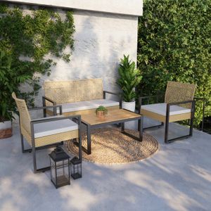 Ensemble table et chaise de jardin Salon de jardin 4 pièces Calciano aspect rotin beige noir naturel