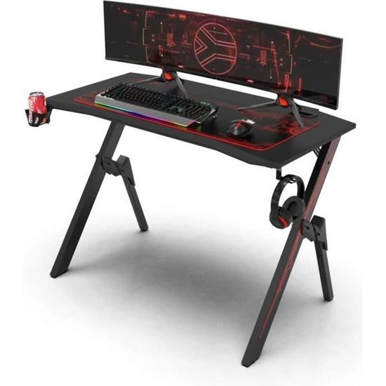 Dripex Bureau Gamer - Table de jeu avec grande surface - GAMING Bureau en fibre de carbone, Noir et rouge, 110x75x55cm