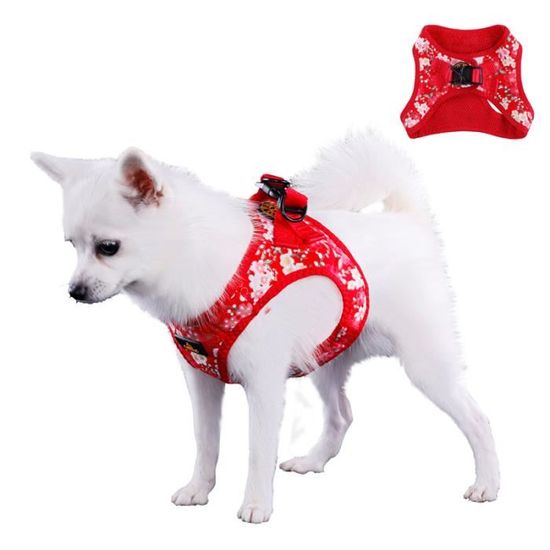 Adorable harnais pour chien à motif de fleurs de style japonais, vêtements d'été pour petits chiens, portables et légers.--S, rouge 