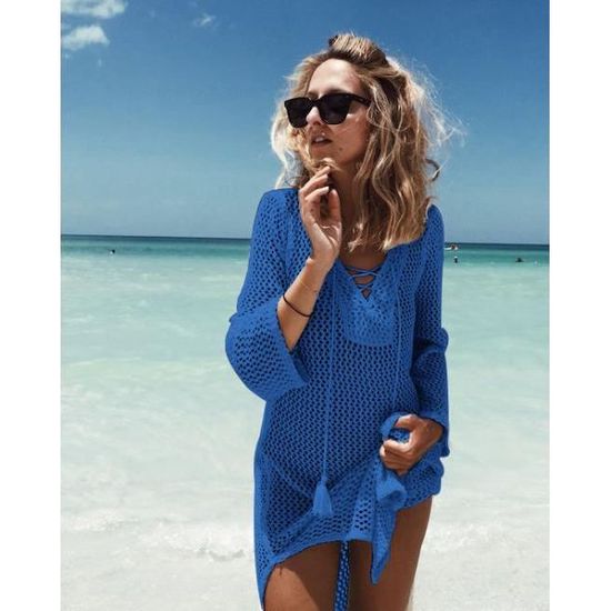 Robe Plage Femme Tunique Bikini Cover Up Crochet Col V Pompons - Kimono Été Léger
