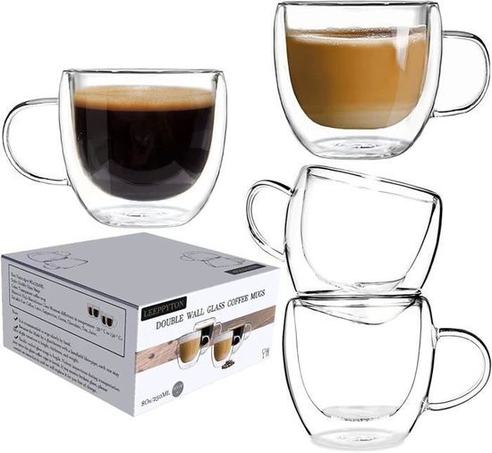 CMXING Tasse Double Paroi Verre, Mug Verre Café Borosilicate avec Poignée  pour thé, Cappuccino, Lait, Jus, Set de 2 (300ml) : : Cuisine et  Maison