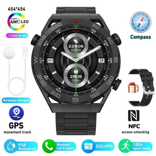 RUMOCOVO Montre Connecte Huawei pour Homme UlOscar Watch GPS Tracker Motion Fitness ECG WATCHES ULTIMATE BLACK STEEL