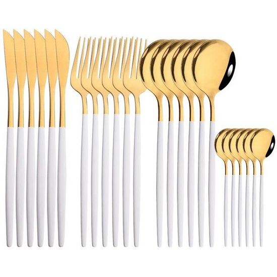 Ensemble Couverts 24 Pièces Doré Argenté Martelé - Acier Inoxydable 18/10 Pour 6 Personnes