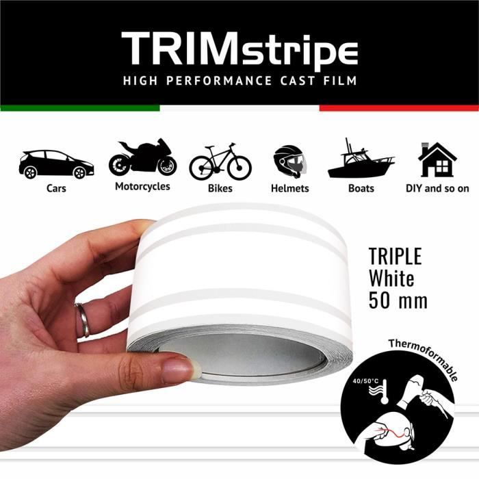 Trim Stripes Bandes Adhésives Triples pour Voitures, Blanc, 50 mm x 10 mt