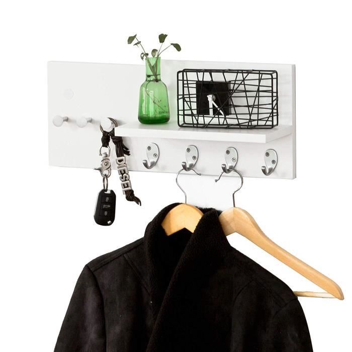 Porte-Manteaux Mural, étagère avec 1 Tablette et 7 Crochets en INOX Acier, Porte-Serviettes, Blanc, L50cmxP12,5cmxH21cm
