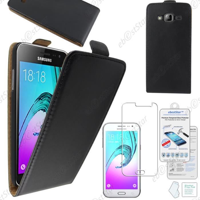 Etui clapet Samsung Galaxy J3 (2016) SM-J320F, Noir +Film Verre Trempé