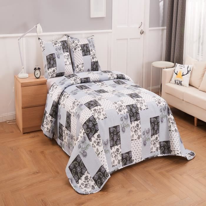 HOME DECO - Couvre Lit 2 Places 230 x 250 cm + 2 Taies D'oreiller 63 x 63 cm - CARRE NOIR