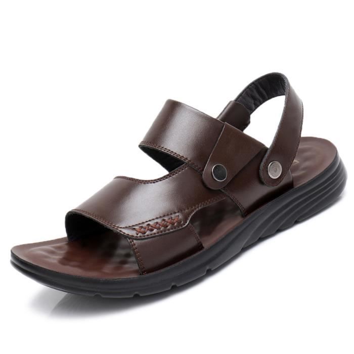 Sandale Homme Cuir Plage-été Randonnée Bout Sport Marche Extérieurs Chaussures Lacet Réglable Marron 1 38 EU