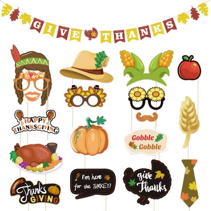 Amosfun 18 PCS Thanksgiving Photo Booth Props DONNER MERCI Bannière Day Décorations Happy KIT DE DECORATION - PACK DE DECORATION