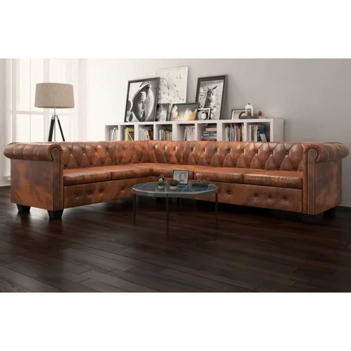 Canapé d'angle 6 places Marron Cuir Luxe Chesterfield Confort