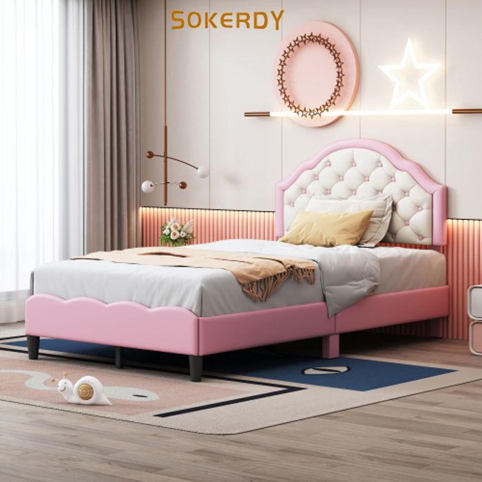 sokerdy lit enfant capitonné 90 x 200 cm, avec sommier à lattes, avec dossier, cuir pu, lit fille, rose