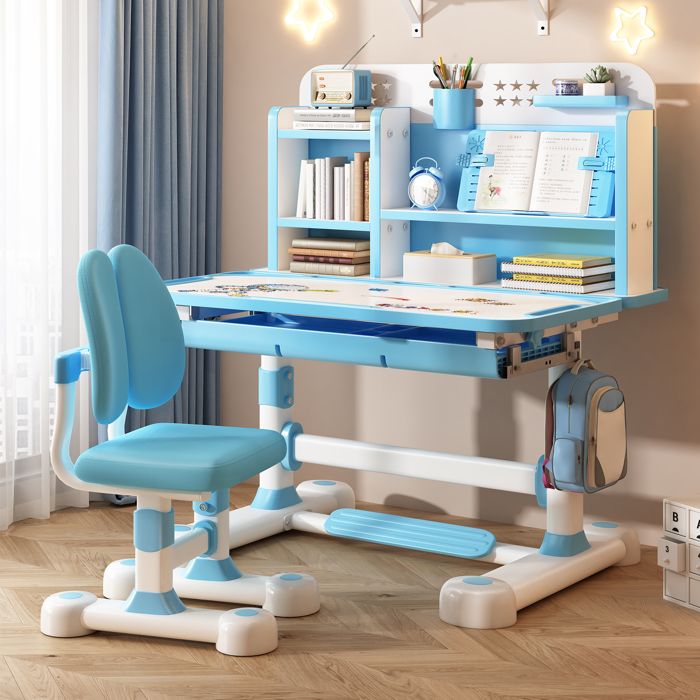 Ensemble de bureau avec chaises pour enfant- CURFAIR- Style Cartoon - bleu - 117x110x50cm