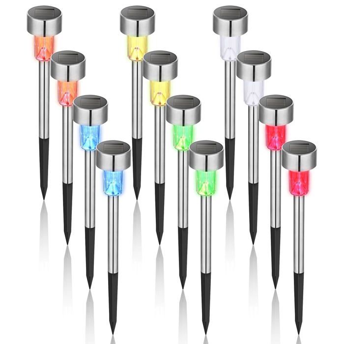 Lot de 12 Lampes Solaires Jardin en Inox IP65 LED Multicolore – 36 cm À planter