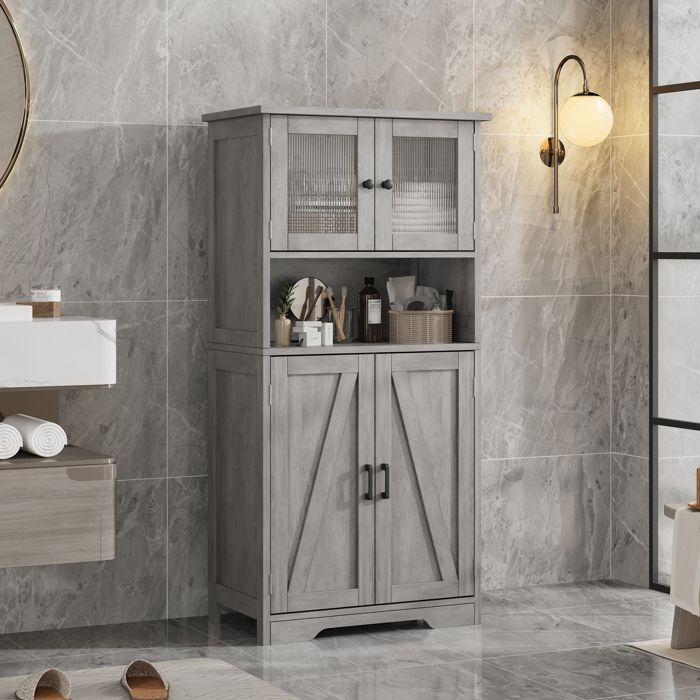 Colonne Salle de Bain - PROMIRACAL - Armoire Haute 4 Portes - Étagères Réglables - 60x30x130 cm - Gris