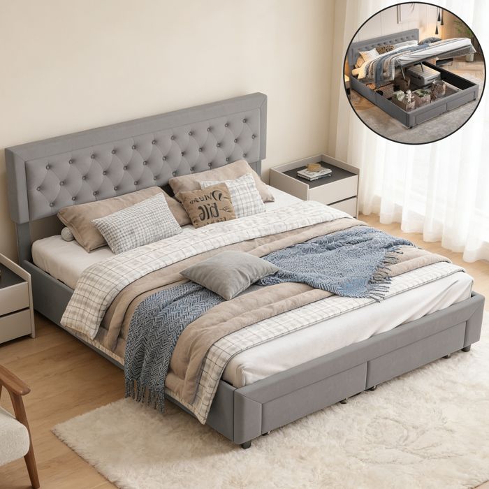 Lit coffre 180x200 cm avec 2 tiroir Lit 180x200 cm avec sommier à lattes Lit adulte 180x200 cm Rangement Velours Gris