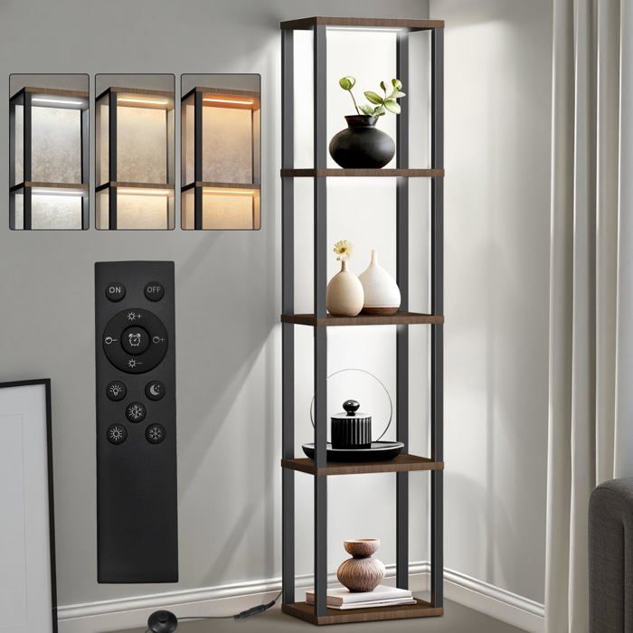 Lampadaire Avec étagères HOMCOM – 4 Niveaux, LED Dimmable – Interrupteur Au Pied – Noir – Pour Salon, Chambre, Bureau