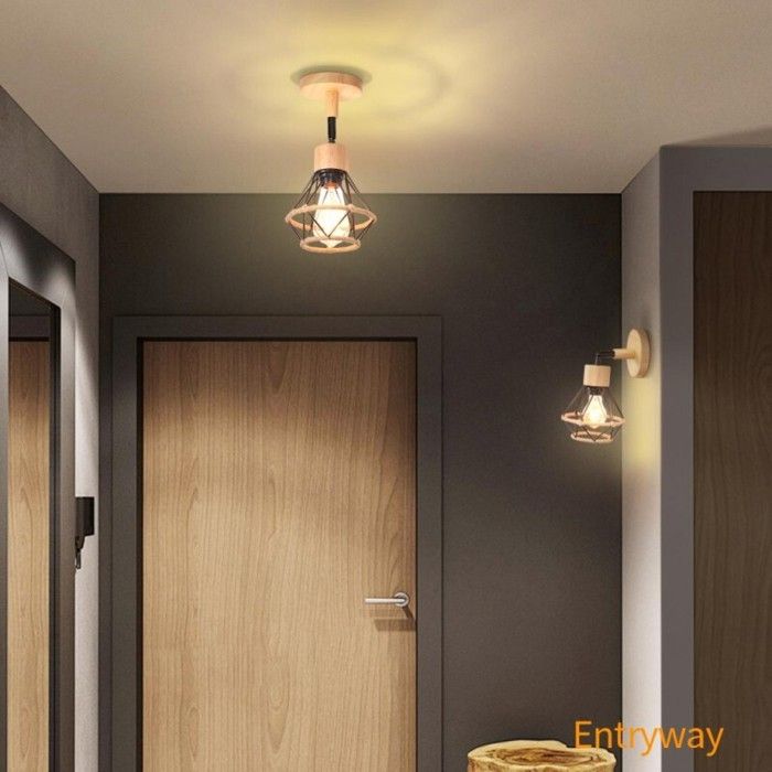 Applique murale - SMOTOP - Cage métal & bois - Corde de chanvre - 2x E27 ajustable