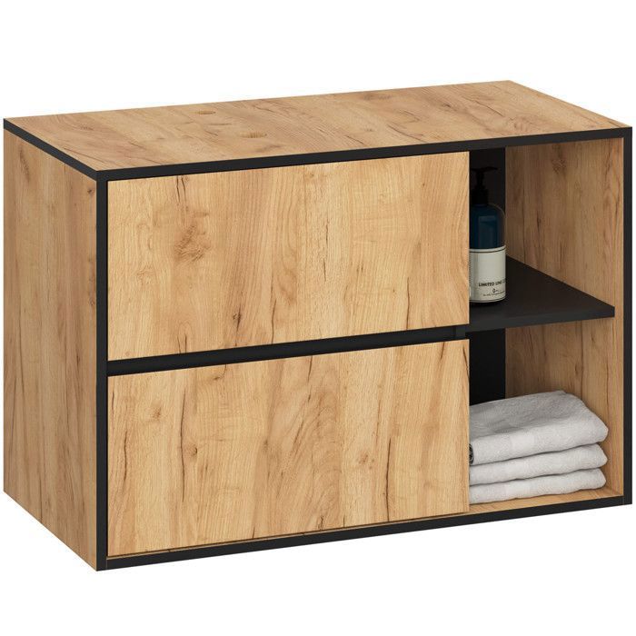 Meuble salle de bains VAMI sans vasque suspendu Chêne Craft et Noir 90 cm 2 tiroirs 2 étagères 90x455x60 cm Meuble salle de bains VAMI sans vasque suspendu Chêne Craft et Noir 90 cm 2 tiroirs 2 étagères 90x455x60 cm