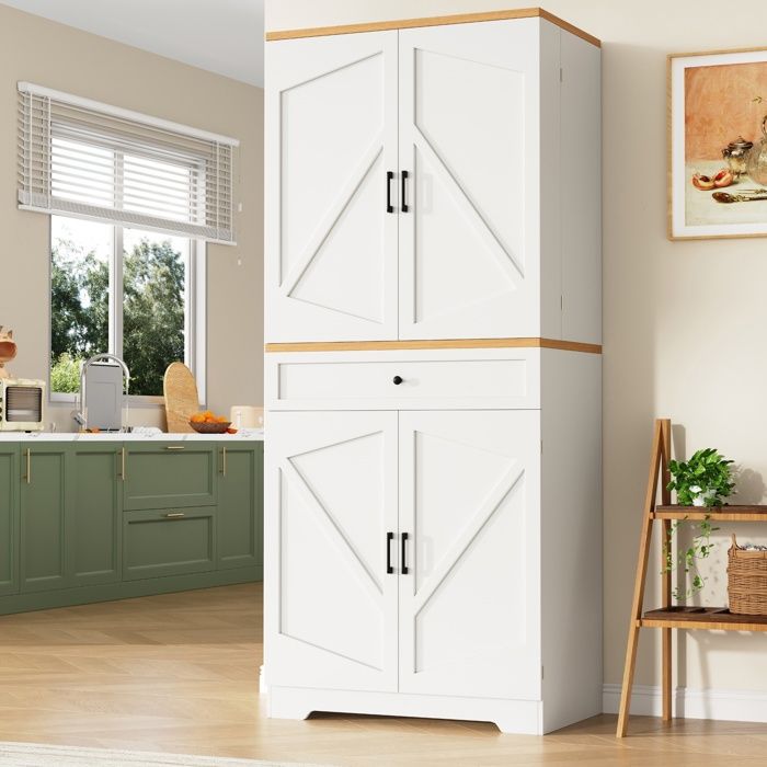 Buffet de Cuisine 4 Portes et tiroirsBuffet haut Moderne avec Étagères Armoire de cuisine Salon 80x40x180cmBlanc