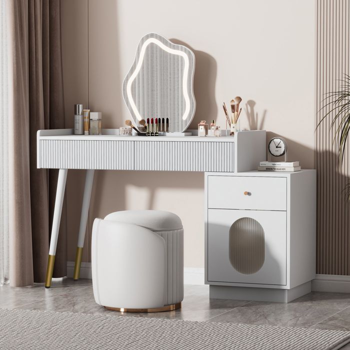 Coiffeuse - MODERNLUXE - 100x40x75cm - Éclairage LED - 3 tiroirs et 1 porte - Blanc Coiffeuse - MODERNLUXE - 100x40x75cm - Éclairage LED - 3 tiroirs et 1 porte - Blanc