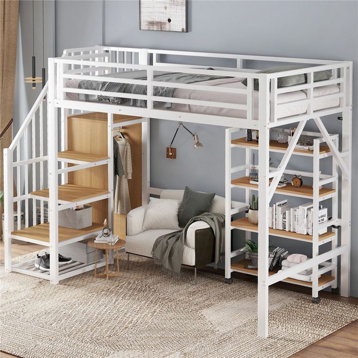 Lit Mezzanine 90x200 avec Étagère Mobile et Penderie 1 Place en Métal avec Escalier Rangement pour Ado Adulte Bois Naturel Blanc