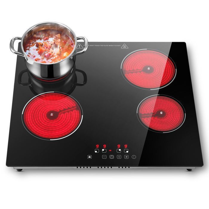 Plaque Vitrocéramique 4 Feux Plaque de Cuisson Electrique Encastrable 59cm 6000W 9 Niveaux Commande Tactile Minuterie 1-99 min