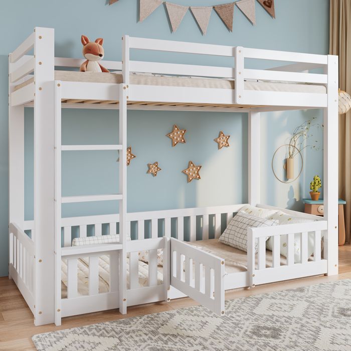 Lit mezzanine enfant - MERAX - 90x200 espace fermé - Blanc - Pin massif & LVL - Échelle droite sécurisée