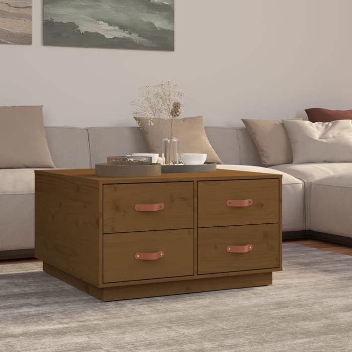 Table basse campagne rustique marron miel en pin massif 4 tiroirs 80 x 80 x 45 cm pour salon