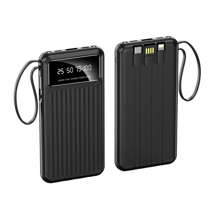 Batterie Externe 10000 mAh - avec 4 Câbles Intégrés et Trois interfaces- avec LED Laffichage et Lampe - noir