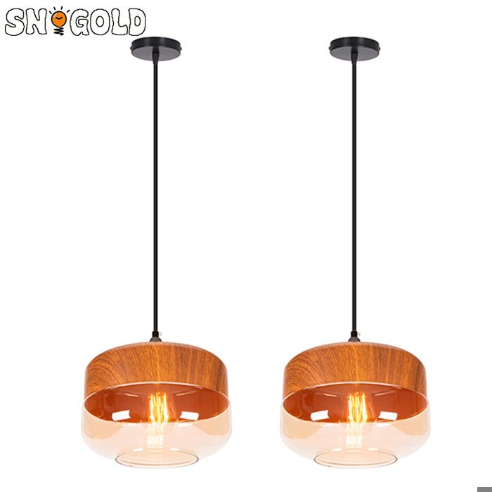SNOGOLD 2X Suspension Rétro Industriel Vintage Lustre Abat-jour en Verre et Imitation Bois E27 Luminaire pour Salon Chambre - B