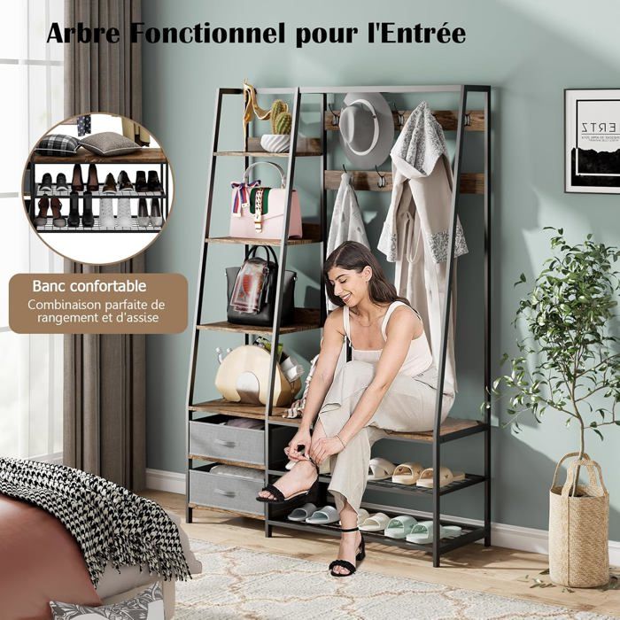 GIANTEX Porte-Manteau 6-en-1 122X40X180 CM Organisateur de Maison avec Banc 9Crochets et 6 Étagères 2Tiroirs pour Entrée