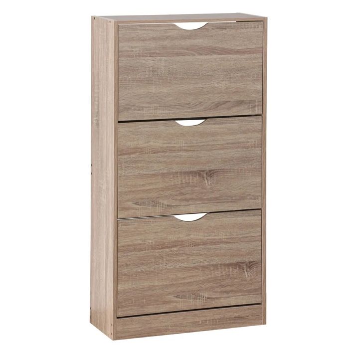 Meuble à chaussures - JUANIO - 3 portes - 12 paires - Imitation hêtre - 60x24x115 cm