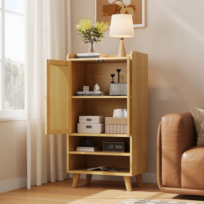Buffet haut - LEMONBEST - 60 x 40 x 120 cm - 2 portes rotin ajourées - 2 étagères ouvertes - Panneaux de particules