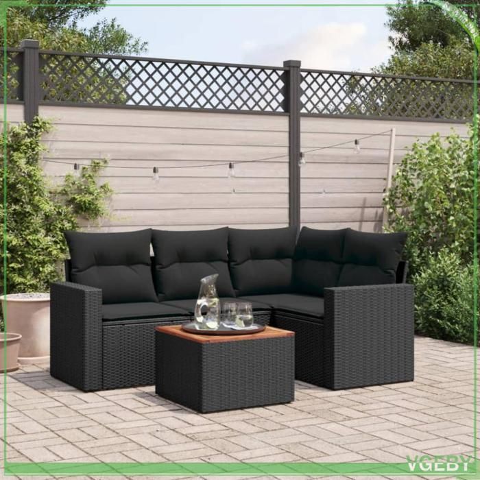 Salon de jardin 5 pièces - Modulaire FAF7291712422218 - Résine tressée noir - Table acacia - Rangement intégré