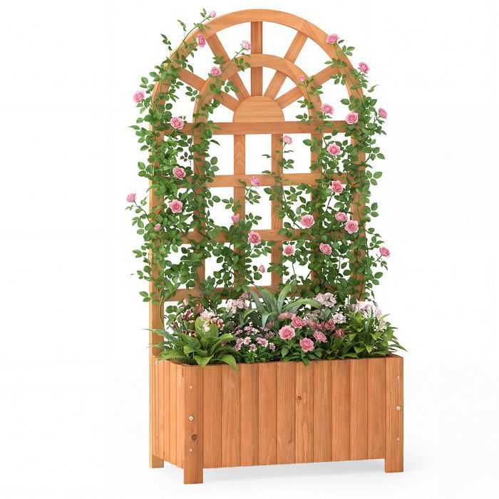 Jardinière Surélevée en Bois COSTWAY avec Treillis pour Plantes Grimpantes Trous de Drainage 61 x 30 x 121cm Lit de Jardin Marron