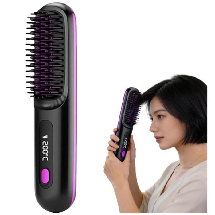 2026 Peigne Lissant Chauffant En CéRamique Sans FilBrosse Coiffante Pour Cheveux CourtsCordless Ceramic Heated Hair  (Black)