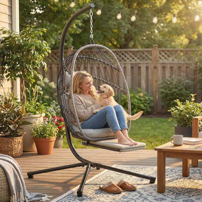Fauteuil suspendu avec support chaise suspendue pliante avec repose-pieds rétractable gris clair