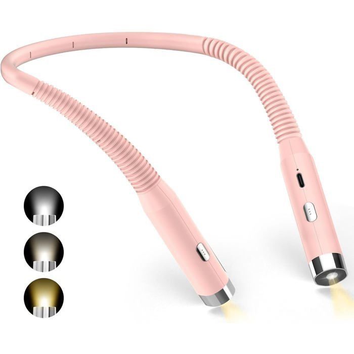 Lampe de lecture pour le cou 3 couleurs et 3 niveaux de luminosité réglables adaptée à la lecture et au camping rose